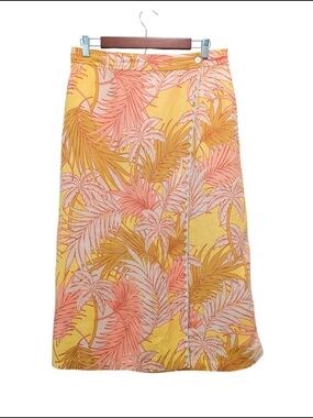 Tahari Womens 100% Linen Tropical Palm Print Wrap Skirt Yellow Pink L